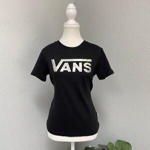 VANS BLACK GRAPHIC TEE SHORT SLEEVE SHIRT HOLOGRAPHIC SHINY SPELL OUT LOGO